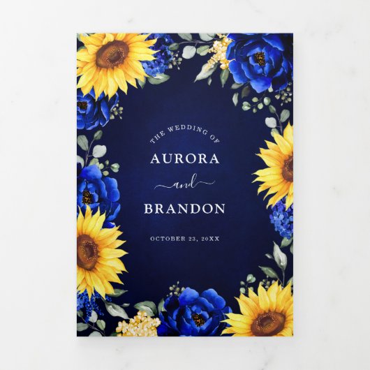 Royal Blue Rustic Sunflower Modern Floral Wedding Drieluik Aankondiging (Cover)