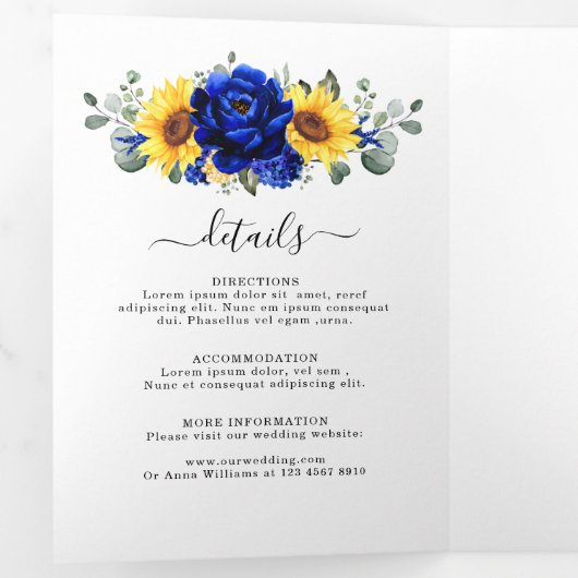 Royal Blue Rustic Sunflower Modern Floral Wedding Drieluik Aankondiging (Binnenzijde eerst)