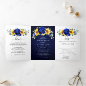 Royal Blue Rustic Sunflower Modern Floral Wedding Drieluik Aankondiging (Binnen)