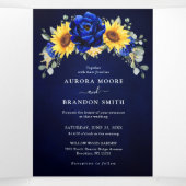 Royal Blue Rustic Sunflower Modern Floral Wedding Drieluik Aankondiging (Binnenkant midden)