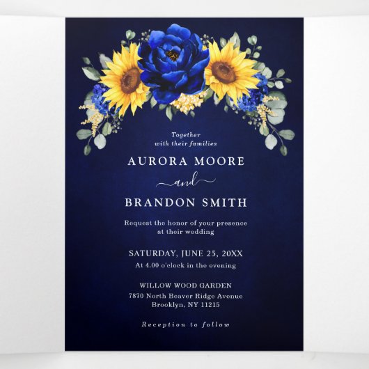 Royal Blue Rustic Sunflower Modern Floral Wedding Drieluik Aankondiging (Binnenkant midden)