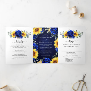 Royal Blue Rustic Sunflower Modern Floral Wedding Drieluik Aankondiging