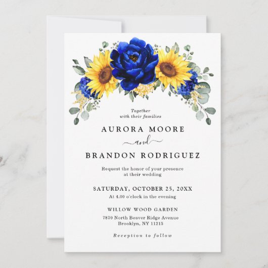 Royal Blue Rustic Sunflower Modern Floral Wedding Kaart (Voorkant)