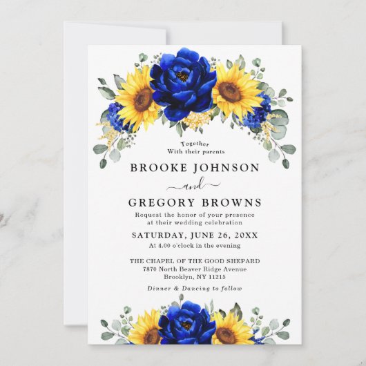 Royal Blue Rustic Sunflower Modern Floral Wedding Kaart (Voorkant)