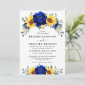 Royal Blue Rustic Sunflower Modern Floral Wedding Kaart (Staand voorkant)