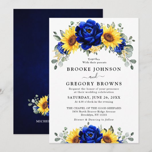 Royal Blue Rustic Sunflower Modern Floral Wedding Kaart (Voorkant / Achterkant)