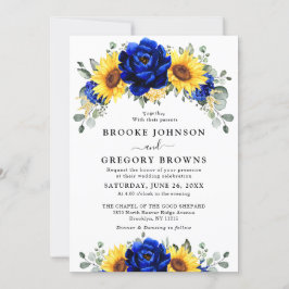 Royal Blue Rustic Sunflower Modern Floral Wedding Kaart