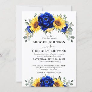 Royal Blue Rustic Sunflower Modern Floral Wedding Kaart