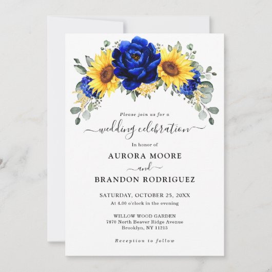 Royal Blue Rustic Sunflower Modern Floral Wedding Kaart (Voorkant)