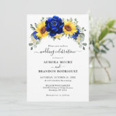 Royal Blue Rustic Sunflower Modern Floral Wedding Kaart (Staand voorkant)