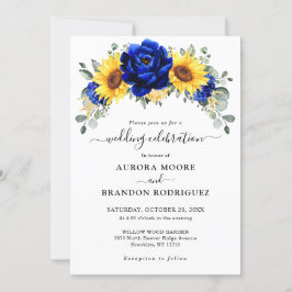 Royal Blue Rustic Sunflower Modern Floral Wedding Kaart