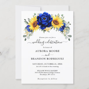 Royal Blue Rustic Sunflower Modern Floral Wedding Kaart