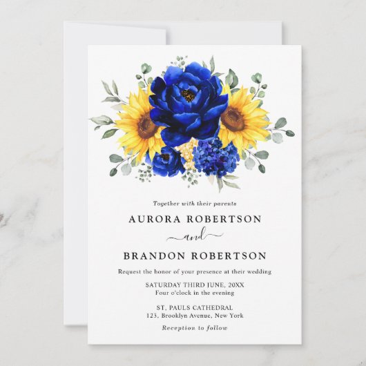 Royal Blue Rustic Sunflower Modern Floral Wedding Kaart (Voorkant)