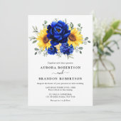 Royal Blue Rustic Sunflower Modern Floral Wedding Kaart (Staand voorkant)