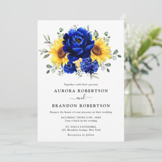 Royal Blue Rustic Sunflower Modern Floral Wedding Kaart (Staand voorkant)