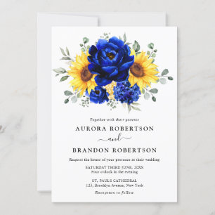 Royal Blue Rustic Sunflower Modern Floral Wedding Kaart
