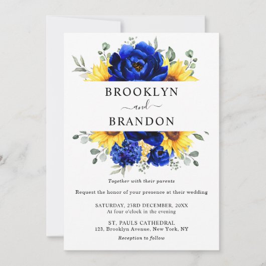 Royal Blue Rustic Sunflower Modern Floral Wedding Kaart (Voorkant)