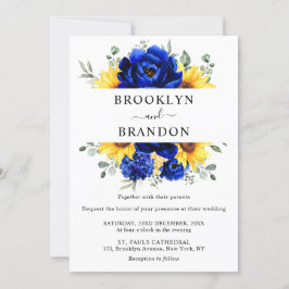 Royal Blue Rustic Sunflower Modern Floral Wedding Kaart