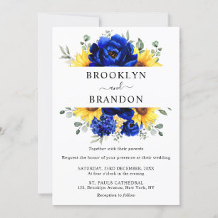 Royal Blue Rustic Sunflower Modern Floral Wedding Kaart