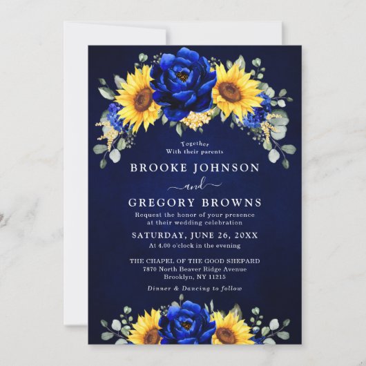 Royal Blue Rustic Sunflower Modern Floral Wedding Kaart (Voorkant)