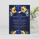 Royal Blue Rustic Sunflower Modern Floral Wedding Kaart (Staand voorkant)