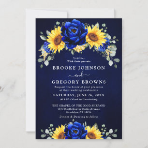 Royal Blue Rustic Sunflower Modern Floral Wedding Kaart