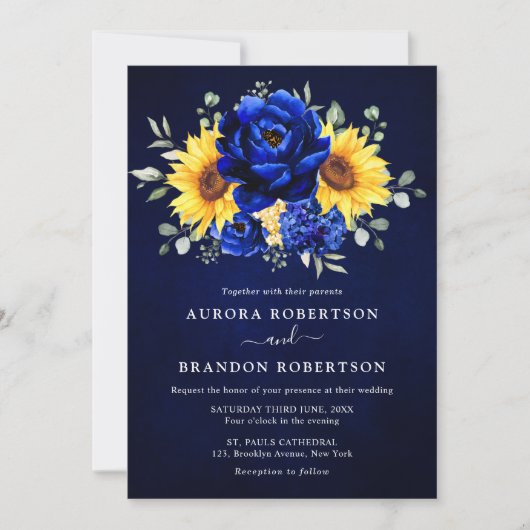 Royal Blue Rustic Sunflower Modern Floral Wedding Kaart (Voorkant)