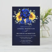 Royal Blue Rustic Sunflower Modern Floral Wedding Kaart (Staand voorkant)