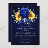 Royal Blue Rustic Sunflower Modern Floral Wedding Kaart (Voorkant / Achterkant)