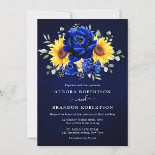 Royal Blue Rustic Sunflower Modern Floral Wedding Kaart