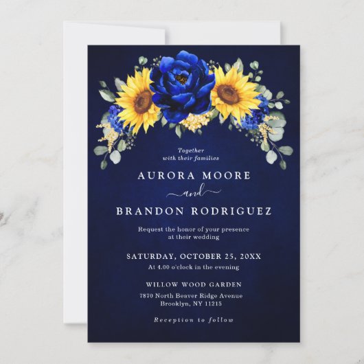 Royal Blue Rustic Sunflower Modern Floral Wedding Kaart (Voorkant)