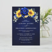 Royal Blue Rustic Sunflower Modern Floral Wedding Kaart (Staand voorkant)
