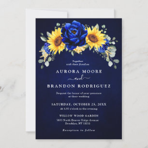 Royal Blue Rustic Sunflower Modern Floral Wedding Kaart