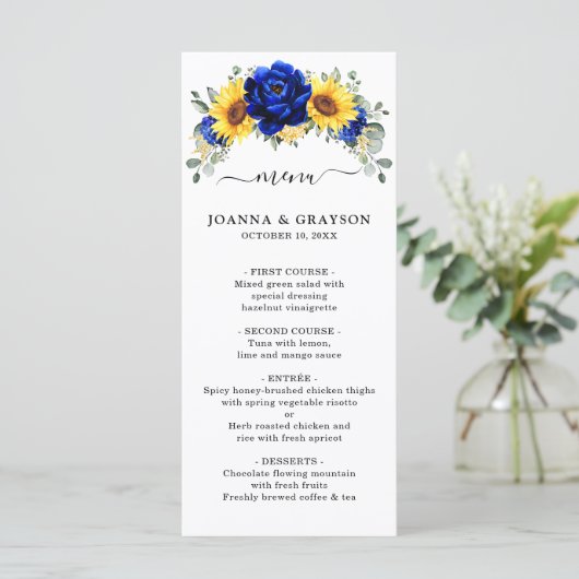 Royal Blue Rustic Sunflower Modern Floral Wedding Menu (Staand voorkant)