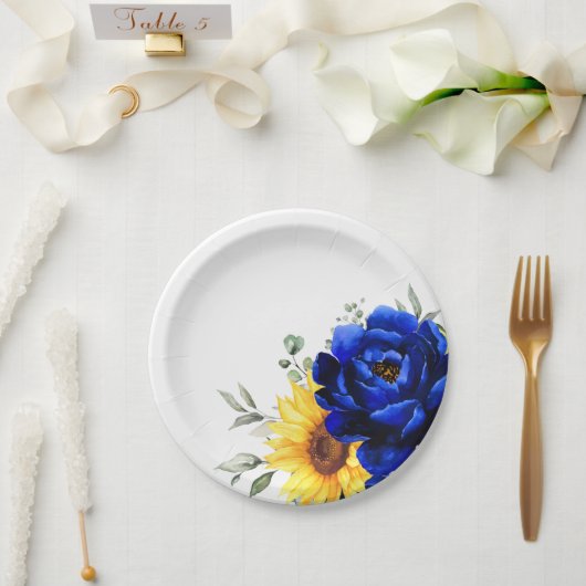 Royal Blue Rustic Sunflower Modern Floral Wedding Papieren Bordje (Huwelijk)