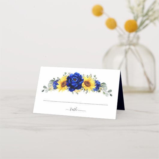 Royal Blue Rustic Sunflower Modern Floral Wedding Plaatskaartje (Voorkant)