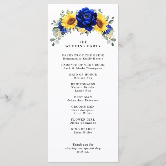 Royal Blue Rustic Sunflower Modern Floral Wedding Programmakaart (Achterkant)