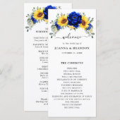 Royal Blue Rustic Sunflower Modern Floral Wedding Programmakaart (Voorkant / Achterkant)
