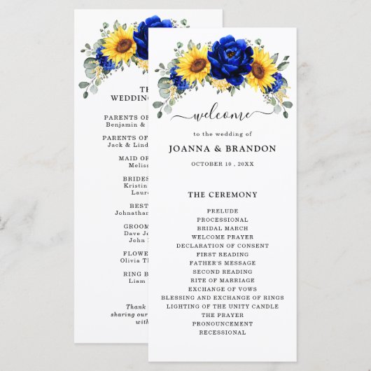 Royal Blue Rustic Sunflower Modern Floral Wedding Programmakaart (Voorkant / Achterkant)