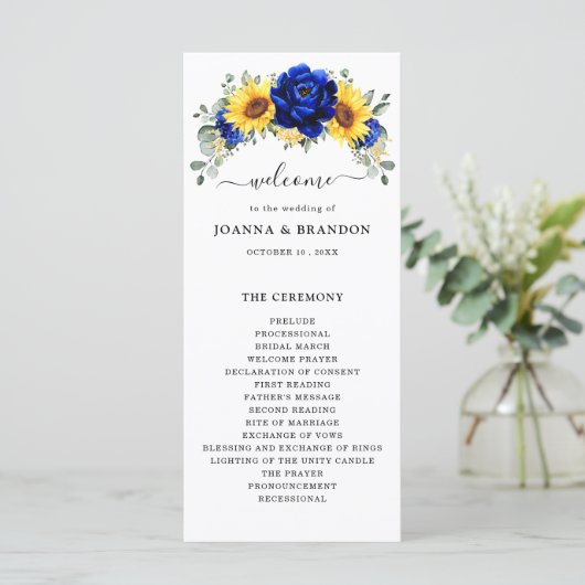 Royal Blue Rustic Sunflower Modern Floral Wedding Programmakaart (Staand voorkant)