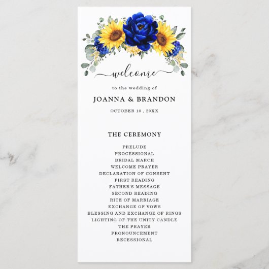 Royal Blue Rustic Sunflower Modern Floral Wedding Programmakaart (Voorkant)