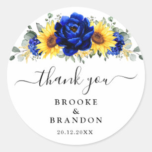 Royal Blue Rustic Sunflower Modern Floral Wedding Ronde Sticker