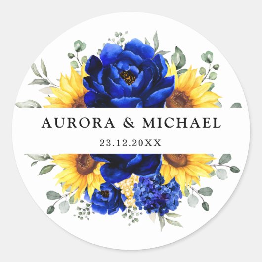 Royal Blue Rustic Sunflower Modern Floral Wedding Ronde Sticker (Voorkant)