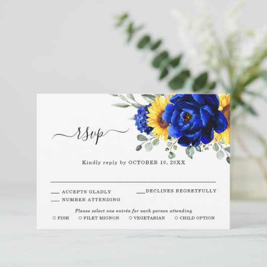 Royal Blue Rustic Sunflower Modern Floral Wedding RSVP Kaartje (Staand voorkant)