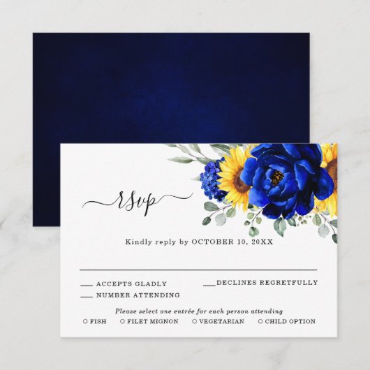 Royal Blue Rustic Sunflower Modern Floral Wedding RSVP Kaartje (Voorkant / Achterkant)
