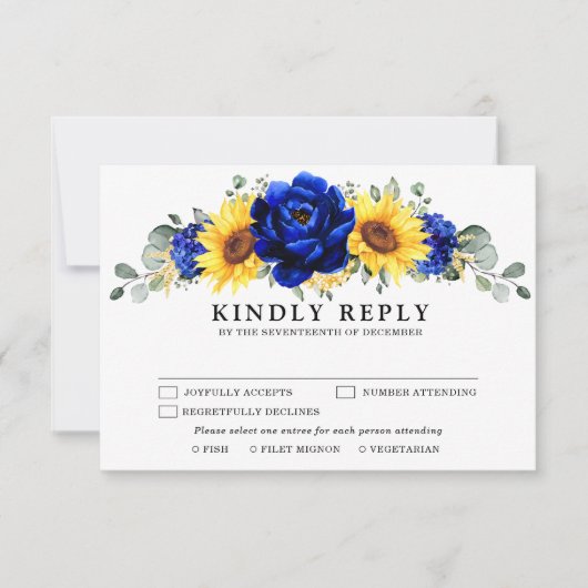 Royal Blue Rustic Sunflower Modern Floral Wedding RSVP Kaartje (Voorkant)