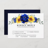 Royal Blue Rustic Sunflower Modern Floral Wedding RSVP Kaartje (Voorkant / Achterkant)