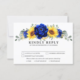 Royal Blue Rustic Sunflower Modern Floral Wedding RSVP Kaartje