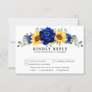 Royal Blue Rustic Sunflower Modern Floral Wedding RSVP Kaartje