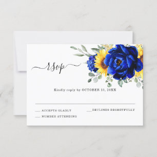 Royal Blue Rustic Sunflower Modern Floral Wedding RSVP Kaartje